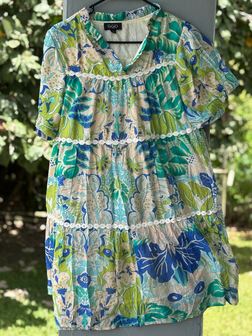 Tropical Floral Peasant dress in Teal & Blue